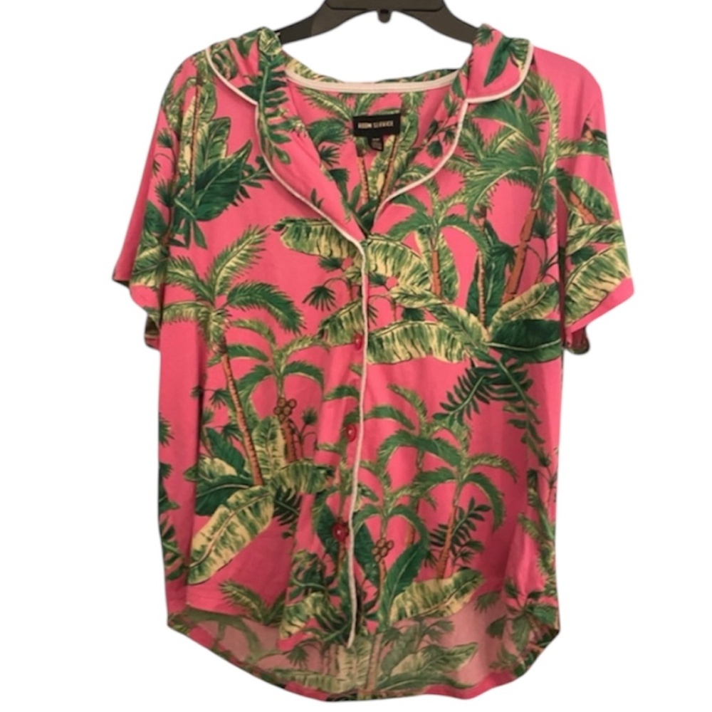 Room Service Sz Med Pink With Green Palm Trees Cropped Pajama Set - Picture 4 of 5